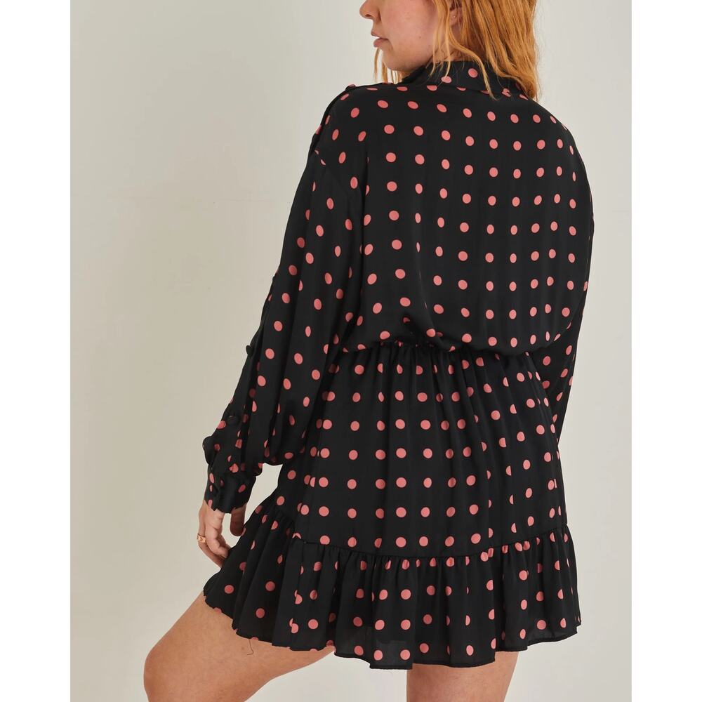 Zara Black Pink Polka Dot Long Sleeve Mini Dress Size XS Asymmetrical Button - Picture 14 of 14